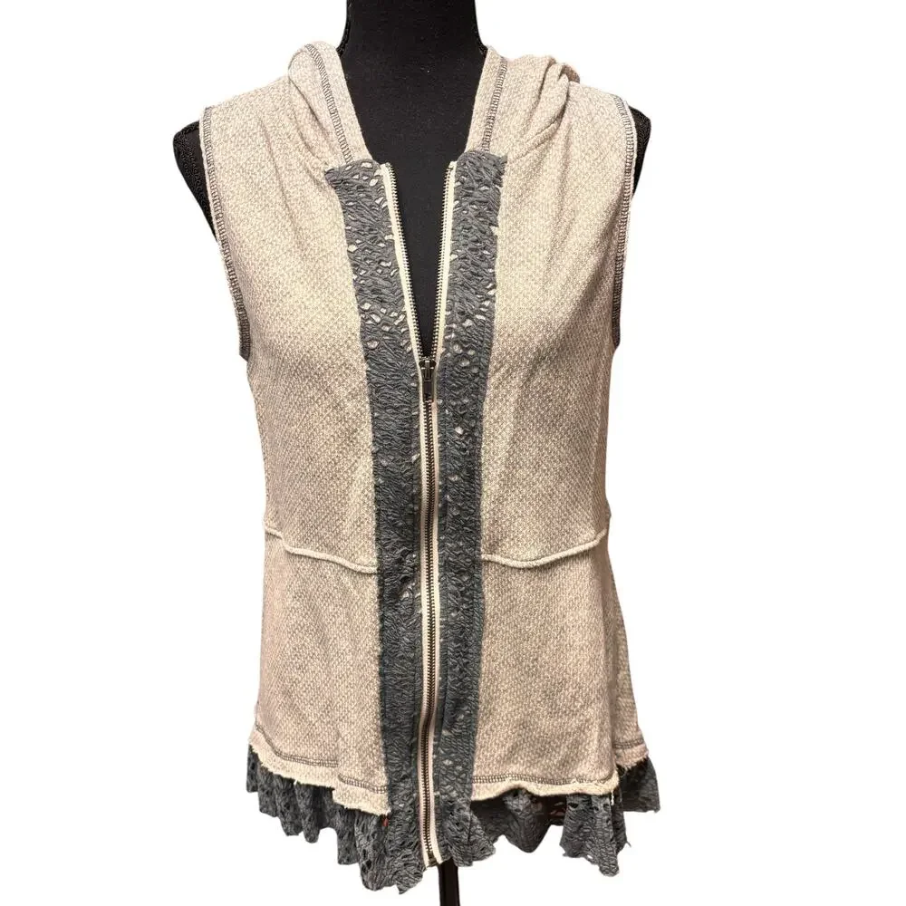 ODDY Lace Trim Hoodie Cardigan Size S Ivory Sleeveless Cotton Blend Casual Boho